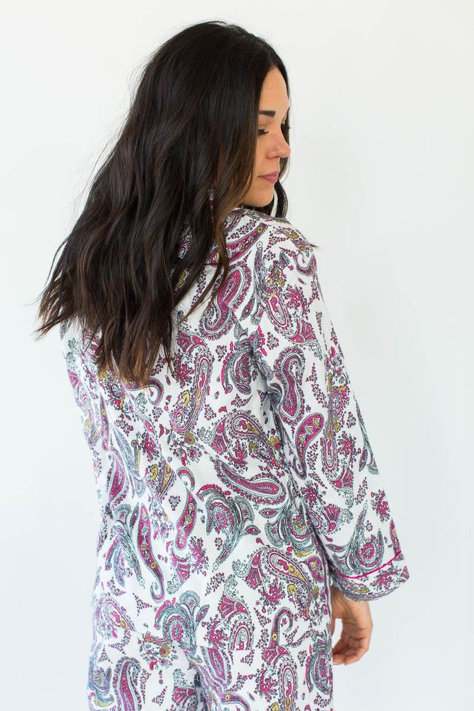 Back View of Gold Foil Paisley Classic Flannel Pajamas in White with All-Over Pink, Black, & Subtle Gold Paisley Design in a Matching Long-Sleeved Top & Pant Bottom