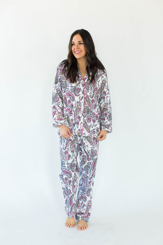 Gold Foil Paisley Classic Flannel Pajamas in White with All-Over Pink, Black, & Subtle Gold Paisley Design in a Matching Long-Sleeved Top & Pant Bottom