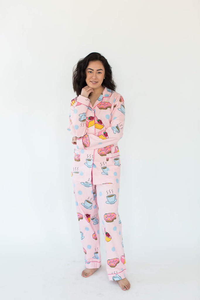 Coffee & Desserts Classic Flannel Pajama Set in Light Pink that Features All-Over Multi-Colored Coffee Cups and Desserts in a Matching Shirt/Pant Set