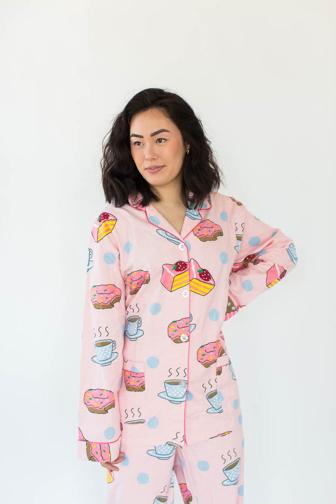 Coffee & Desserts Classic Flannel Pajama Set in Light Pink that Features All-Over Multi-Colored Coffee Cups and Desserts in a Matching Shirt/Pant Set