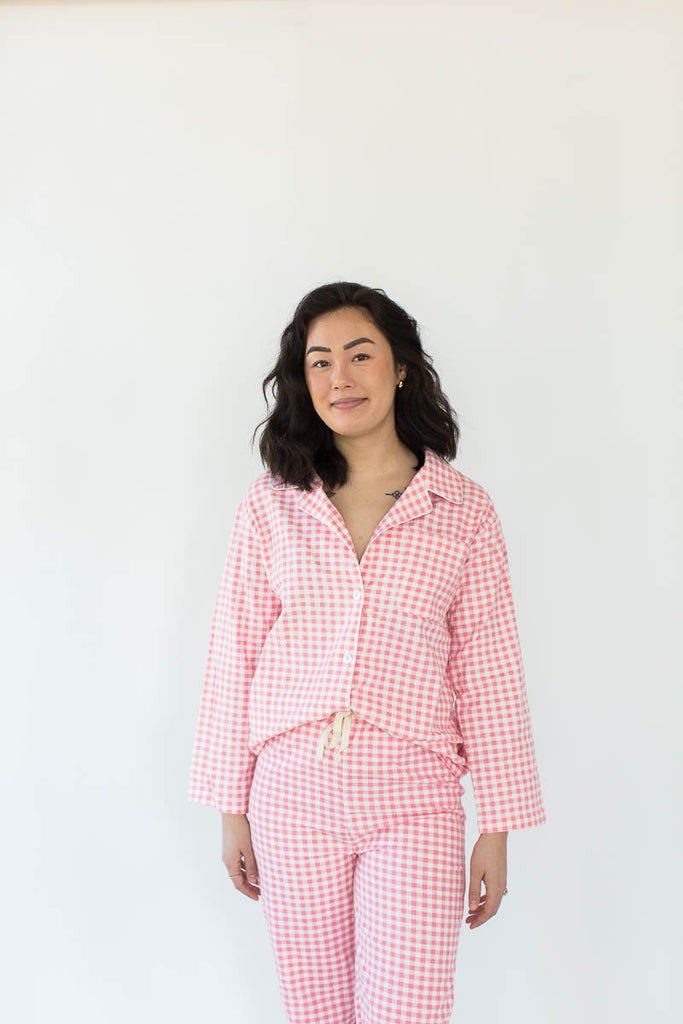 Pink Gingham Flannel Pajama Set - Made from 100% super soft Cotton flannel, they feature a button front shirt with convenient front pockets, matching pants with an adjustable drawstring waistline, super soft handfeel, and vibrant pink print
