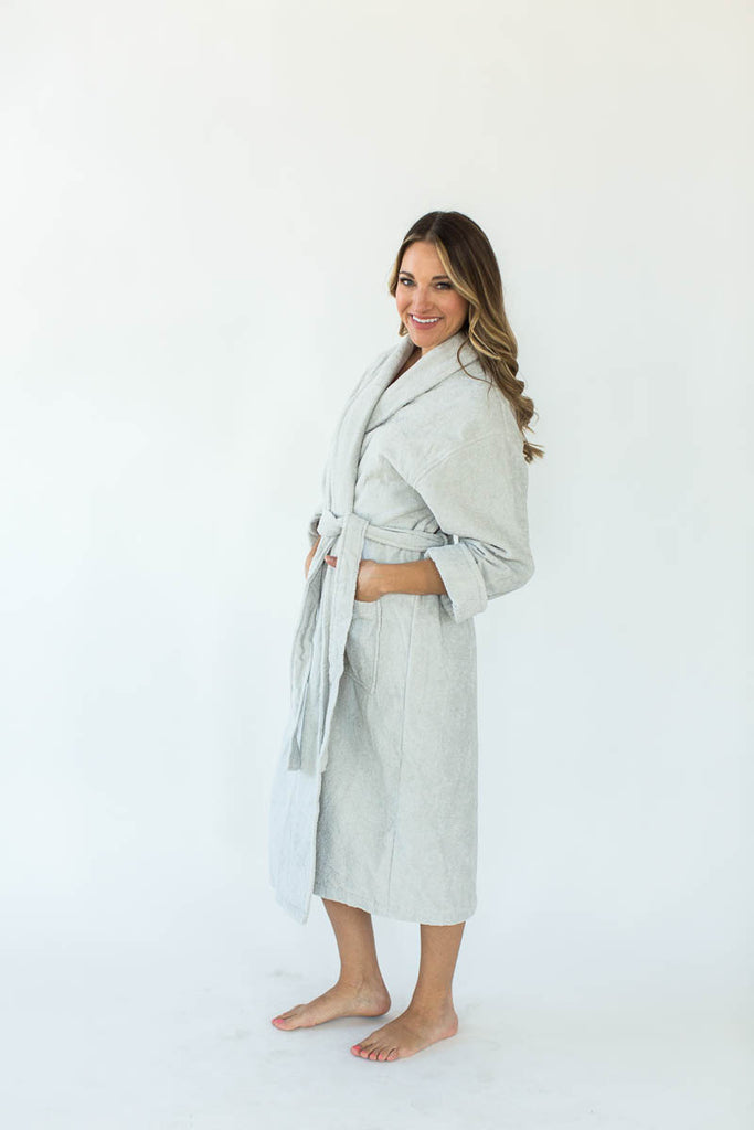 Terry Loop Long Bathrobe in Glacier Gray that Falls Below the Knees & Features an Adjustable Waist Wrap