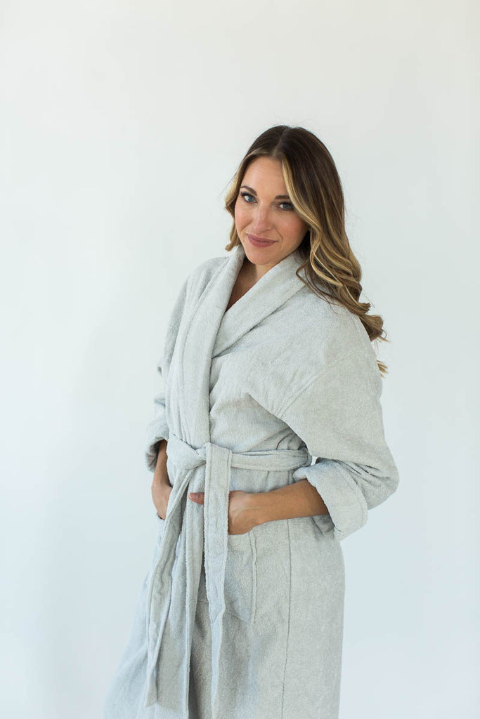 Terry Loop Long Bathrobe in Glacier Gray that Falls Below the Knees & Features an Adjustable Waist Wrap