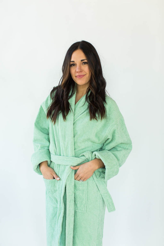 Terry Loop Long Bathrobe in Jade that Falls Below the Knees & Features an Adjustable Waist Wrap