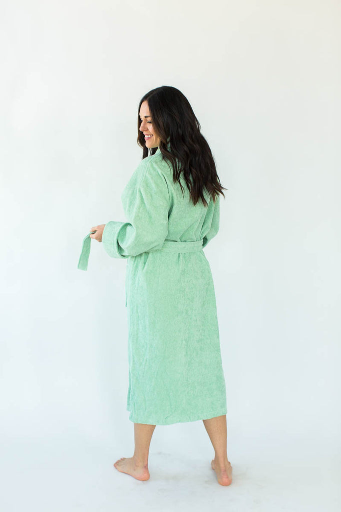 Back View of Terry Loop Long Bathrobe in Jade that Falls Below the Knees & Features an Adjustable Waist Wrap